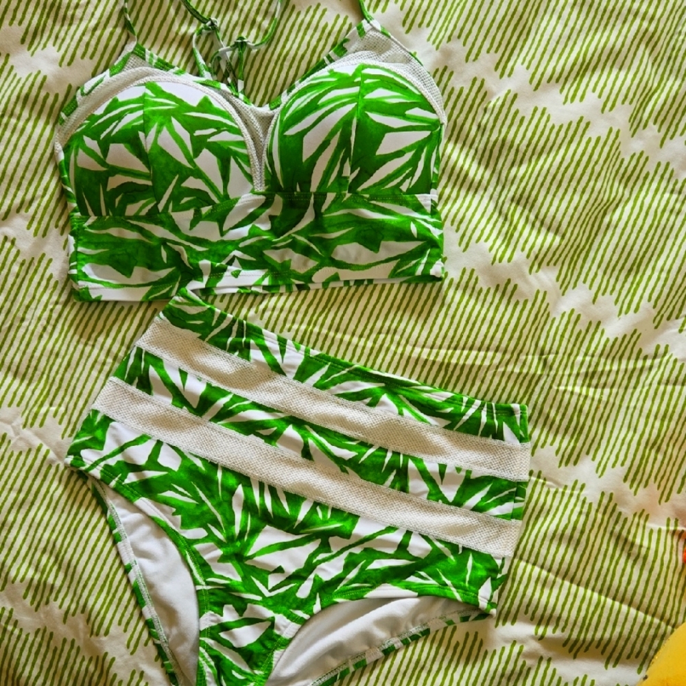 Green Leaf Print Bikini Set